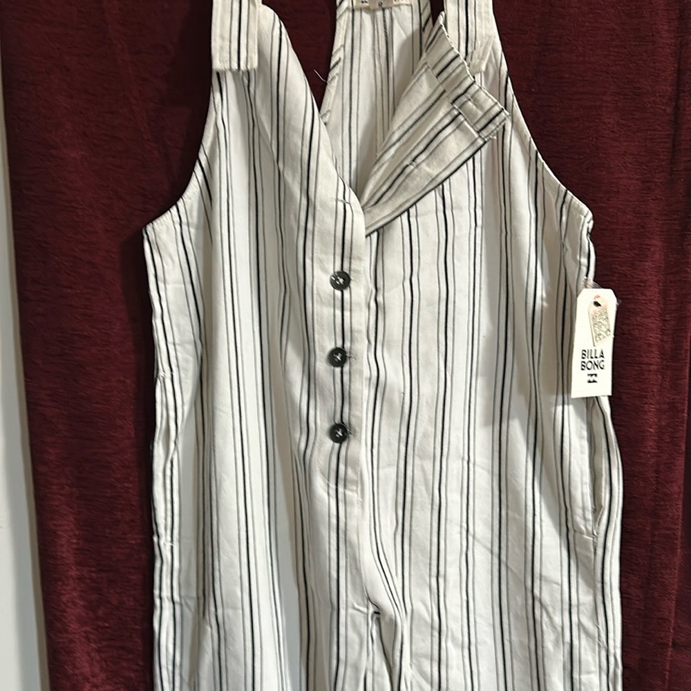 New, large, white cropped jumpsuit with black and gray  stripe’s,